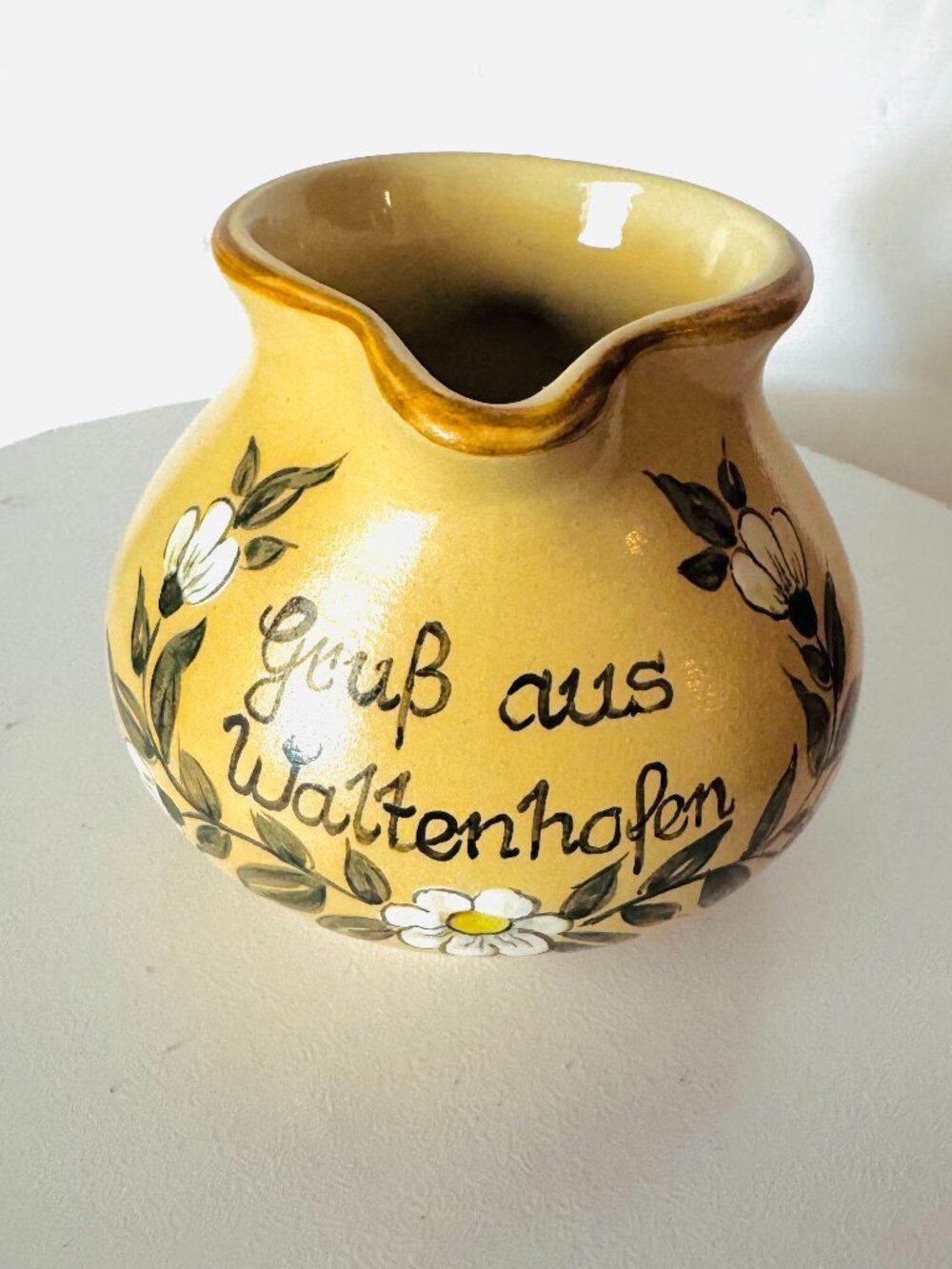 Vtg Yellow 4.5" Hand Painted Souvenir Creamer Pitcher MCM Ceramic German " Greet